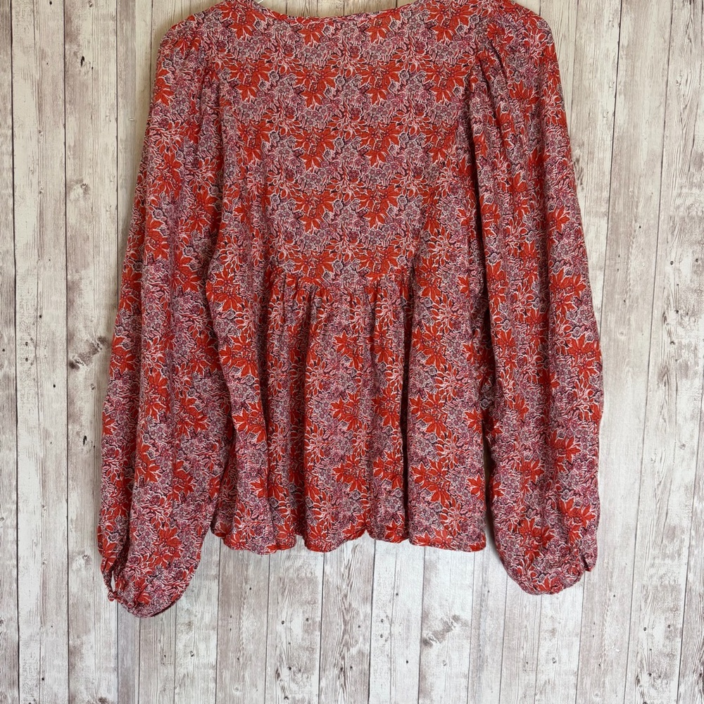 Solitaire Red Floral Boho Peasant Blouse Balloon Sleeve Medium - Picture 8 of 10